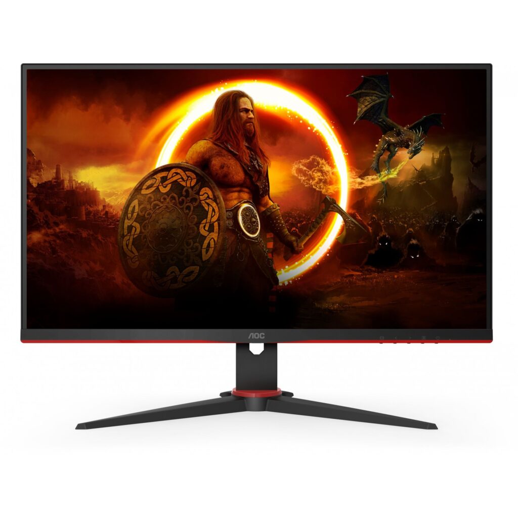 Front view of AOC Q27G2E/BK 27 inch QHD gaming monitor in black and red